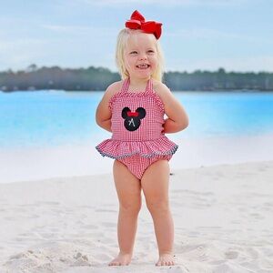 Classic Whimsy Mouse Ears Red Seersucker Swimsuit Disney Minnie Mouse size 7